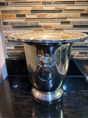 Vintage Sheridan Silverplated Lion Head Ice Bucket with Ring Handles